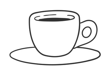 Vector minimal line art isolated illustration of a small coffee cup with saucer in black and white.