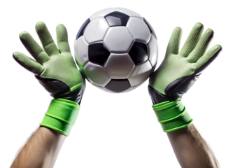 A soccer goalkeepers hands catching a ball with green gloves, isolated on transparent background, showcasing protective equipment in action