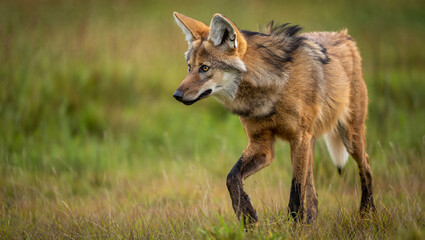Fototapeta premium Maned wolf walking through grassy field canine wild animal