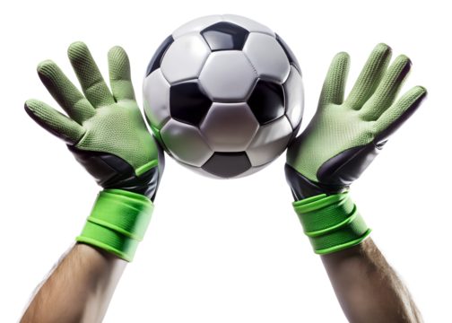 A soccer goalkeepers hands catching a ball with green gloves, isolated on transparent background, showcasing protective equipment in action
