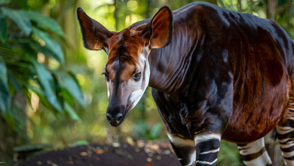 Naklejka premium Okapi with striking striped legs and patterned face