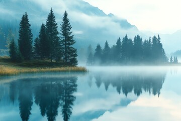 Fototapeta premium Serene Mountain Lake Scene with Evergreen Trees and Misty Mountains in Soft Natural Light