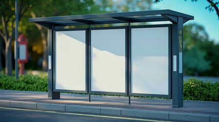 A sleek bus stop shelter features three white advertisement panels on a dark metal frame, surrounded by greenery and natural daylight