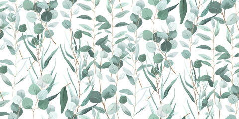 Elegant eucalyptus leaves pattern on a light background with subtle geometric shapes