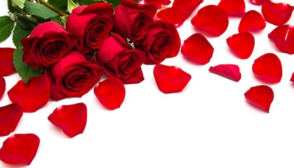 Vibrant red roses with delicate petals scattered across white