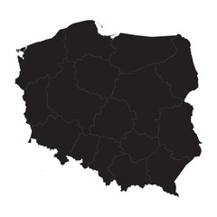 Political and geographical map of Poland with voivodeships, borders, cities, rivers, and terrain details

