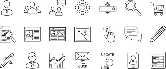 Collection of outline style business and web icons featuring user search and communication elements.
