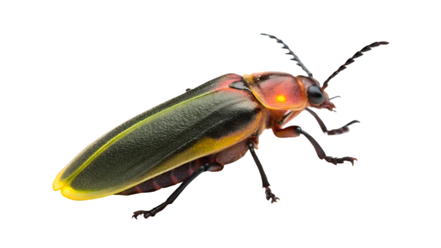 A vibrant, close-up image of a firefly insect, isolated on white background.