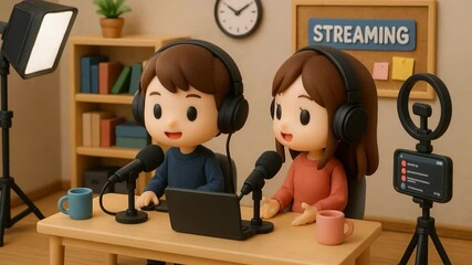 A lively podcast setup featuring animated characters engaging in discussion