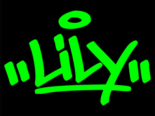 Graffiti tag of "Lily" with green spray on black background. Elegant floral street art perfect for botanical themes and romantic nature designs.