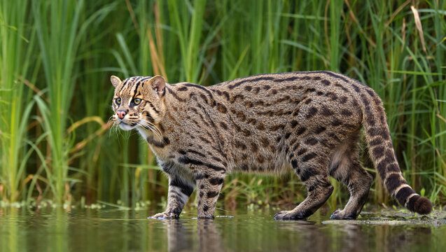 Fishing cat in water with green reeds wild cat feline