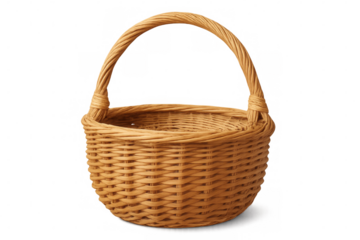 Woven wicker basket with arched handle, isolated on transparent background, ready for easter eggs, picnic supplies, or other uses