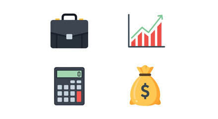 Financial icons briefcase rising graph calculator and money bag.