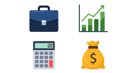 Business and Finance Icons Briefcase Chart Calculator and Money Bag.