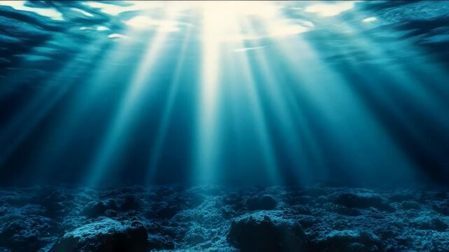 Sunlight beams through ocean waves, illuminating the underwater landscape, evoking tranquility and marine exploration perfect for World Oceans Day features photic zone and pelagic zone