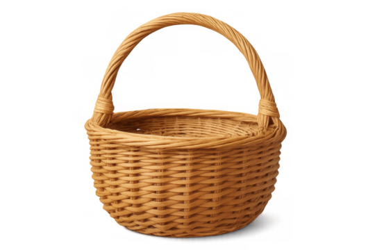 Woven wicker basket with arched handle, isolated on transparent background, ready for easter eggs, picnic supplies, or other uses