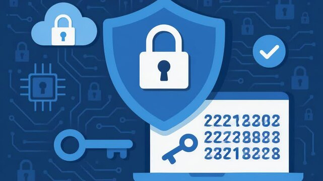 A digital illustration of cybersecurity concepts featuring a shield, key, and cloud symbols, emphasizing data protection and encryption in modern technology environments.