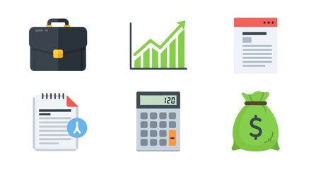 Business and Finance Icons Briefcase Chart Document Calculator Money Bag.
