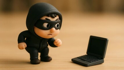 A miniature figure of a thief in a black hoodie peers anxiously at a laptop, symbolizing crime, cyber theft, and the challenges of security in the digital age. - Powered by Adobe