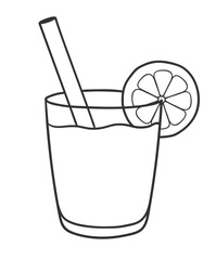 Vector minimal line art isolated illustration of a cold beverage in a glass with straw and lemon slice in black and white.