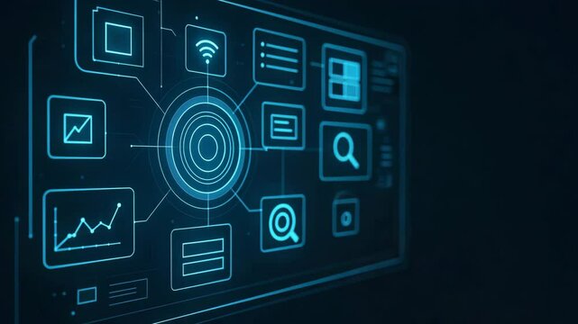 A close-up of a hand interacting with a futuristic touchscreen interface, showcasing various digital icons and graphs, symbolizing advanced technology and innovation in data manage