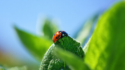 Ladybug crawls on a green leaf