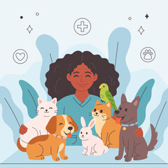 Veterinary doctor with pets. Pets in a veterinary clinic. Veterinarian day. Vector illustration in flat style