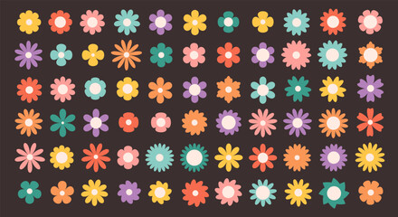 Set of groovy simple flowers. Abstract colorful flowers. Floral geometric design. Vector illustration in flat style