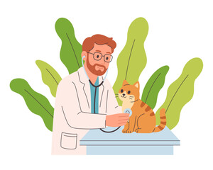 Veterinary doctor examining and cure cat in veterinarian office. Pet in a veterinary clinic. Veterinarian day. Vector illustration in flat style