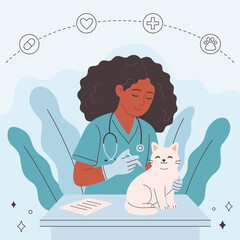 Veterinary doctor examining and cure pet in veterinarian office. Pets in a veterinary clinic. Veterinarian day. Vector illustration in flat style
