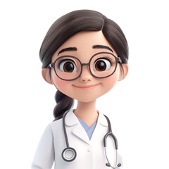Fototapeta premium Adorable cartoon female doctor wearing glasses and a white coat with a stethoscope