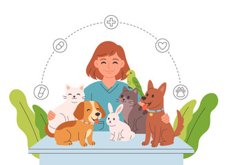 Veterinary doctor with pets. Pets in a veterinary clinic. Veterinarian day. Vector illustration in flat style