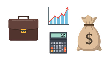 Business Finance Icons Brown Briefcase Upward Graph Calculator and Money Bag.