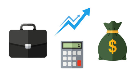 Business growth illustration with briefcase calculator arrow graph and money bag.