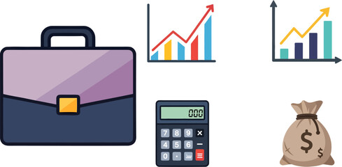Business themed icons briefcase charts calculator and money bag illustration.
