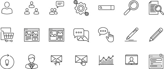 Collection of Black and White Line Art Icons Representing Business and Technology 1.