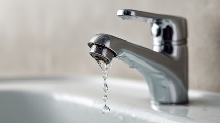 Close-up of a chrome bathroom faucet with dripping water drops in soft focus ideal for plumbing themes, water conservation campaigns and hygiene-related visuals