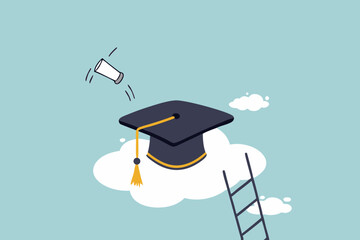 High education, cost and expense to graduate high degree education concept, graduation cap on high cloud with ladder.