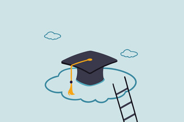 High education, cost and expense to graduate high degree education concept, graduation cap on high cloud with ladder.