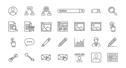 Collection of Minimalist Line Art Icons Representing Various Digital and Business Concepts.