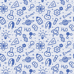Vector illustration of seamless school pattern with hand drawn science doodle icons on lined notebook background.