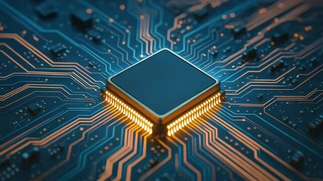 A close-up view of a modern microchip showcasing intricate circuitry, highlighting the complexity of electronic components and their role in today's technology landscape.