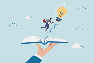 Effective learning new knowledge lead to success, wisdom or idea creativity, literature or inspiration, opportunity advice concept, young man running on opening book with stair up to lightbulb idea.