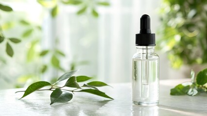 Clear glass dropper bottle with essential oil, surrounded by fresh leaves, on a marble surface.