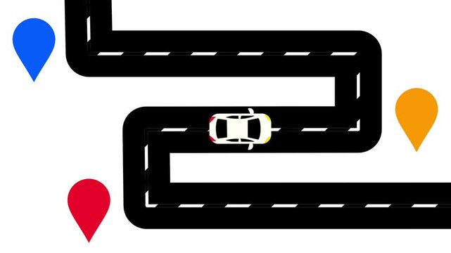 Illustrated city road featuring navigation pins in various colors representing destinations or checkpoints on a mapped journey