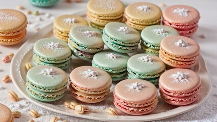 Fototapeta premium Assorted Colorful Macarons Decorated with Sugar Flowers