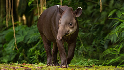 Fototapeta premium Dark tapir with white ear tips in lush green forest