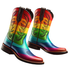 Vibrant rainbow Western pair cowboy boots perfect for showcasing your pride and Expression unique style. Concept assistance, support, freedom human rights, isolated on white background
