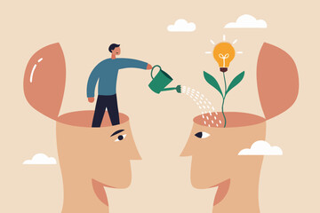 Teaching and learning to develop new skill or wisdom, inspiration or advice to achieve success, growth mindset or knowledge transfer concept, cheerful man from teacher head watering student seedling.