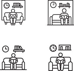 Person reading a book on a sofa with a clock and bookshelf silhouette